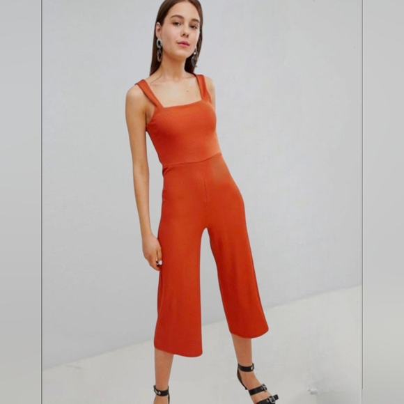 New Look Square Neck Ribbed Jumpsuit Coulotte Style Cropped Wide Leg - Picture 1 of 16